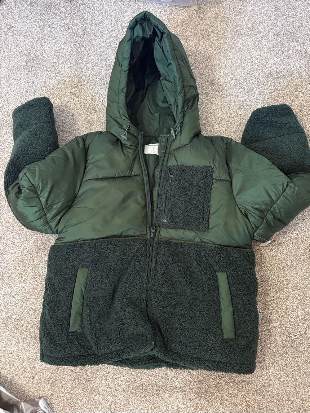 Amazon Essentials Dark Green Hooded Puffer & Sherpa Coat